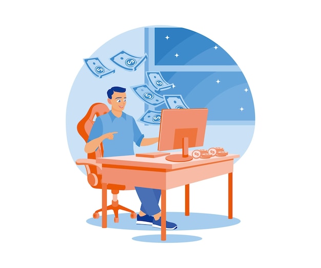 Los hombres trabajan desde casa Freelance gana ingresos en línea Ganar dinero concepto Ilustración vectorial plana