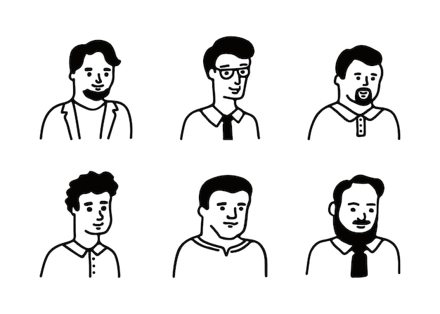 Hombres con trajes de negocios, personajes, líneas, dibujos a mano, diferentes personas, bocetos negros, caras.