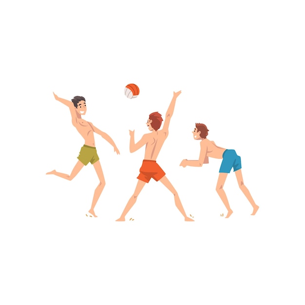Hombres vestidos con pantalones cortos jugando voleibol de playa mejores amigos masculinos pasando buen tiempo juntos amistad vector ilustración aislada sobre fondo blanco