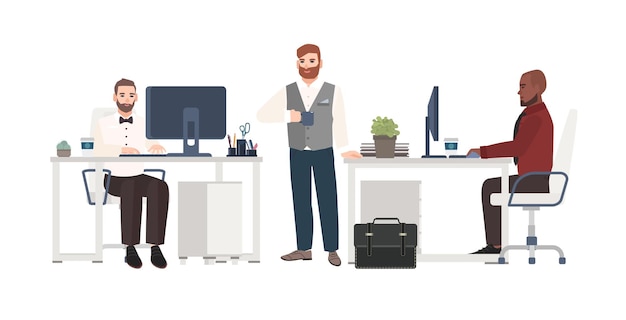 Vector hombres vestidos con ropa de negocios trabajando en la oficina. personajes masculinos de dibujos animados de pie, tomando café y sentados en escritorios con computadoras