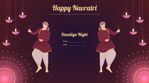 Hombres vestidos tradicionalmente con palo de dandiya happy navratri banner vector