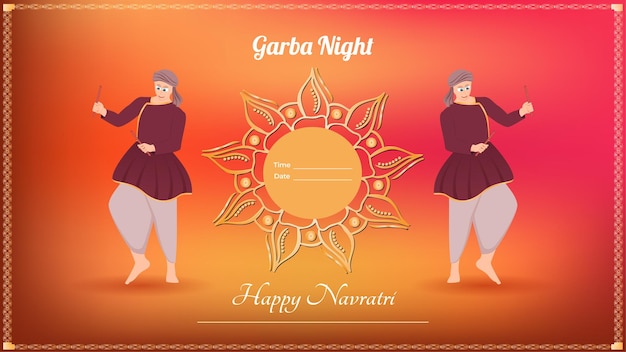 Hombres vestidos tradicionalmente con palo dandiya Happy Navratri vector banner