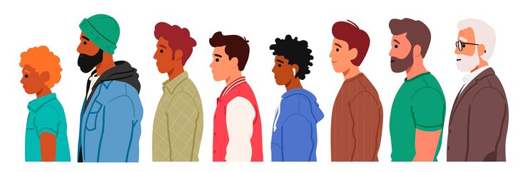 Vector los hombres en la vista de perfil exhiben siluetas distintivas que muestran su físico único, rasgos faciales y postura, adulto joven, maduro, personaje masculino mayor, fila, personas de dibujos animados, ilustración vectorial