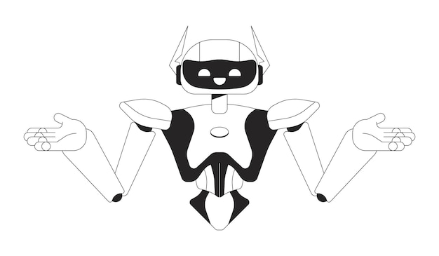 Hombros de robot encogiéndose de hombros personaje de dibujos animados en línea 2D en blanco y negro