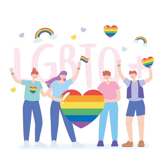 La homosexualidad LGBTQ y la comunidad protestan personas con ilustración de banderas del arco iris