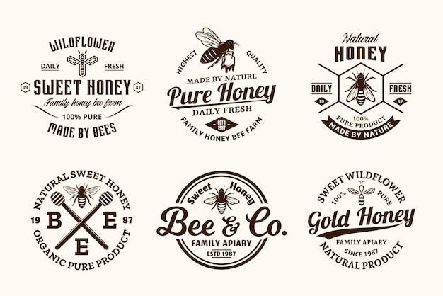 Honey vintage logo e iconos para productos de miel, marca e identidad de apiario y apicultura