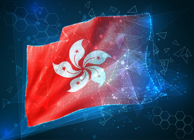 Hong Kong, vector bandera, objeto virtual abstracto 3D de polígonos triangulares sobre un fondo azul.