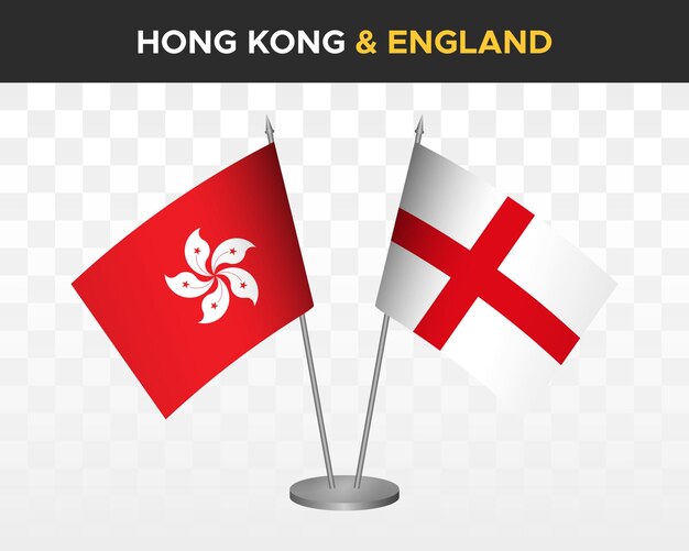 Hong Kong vs Inglaterra escritorio banderas maqueta aislado 3d vector ilustración mesa bandera