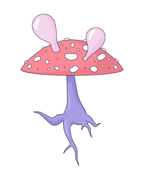 Hongo alucinógeno mosca agaric objeto de dibujos animados lineal 2D hongo venenoso soplando burbujas elemento vectorial de línea aislado fondo blanco Amanita muscaria psicodélicos color ilustración de punto plano