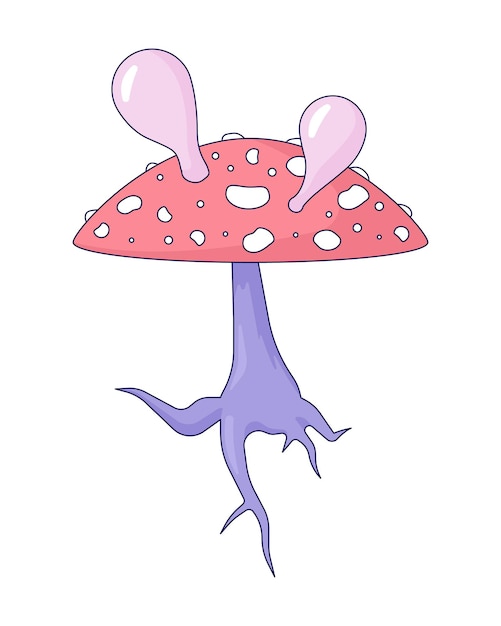 Vector hongo alucinógeno mosca agaric objeto de dibujos animados lineal 2d hongo venenoso soplando burbujas elemento vectorial de línea aislado fondo blanco amanita muscaria psicodélicos color ilustración de punto plano