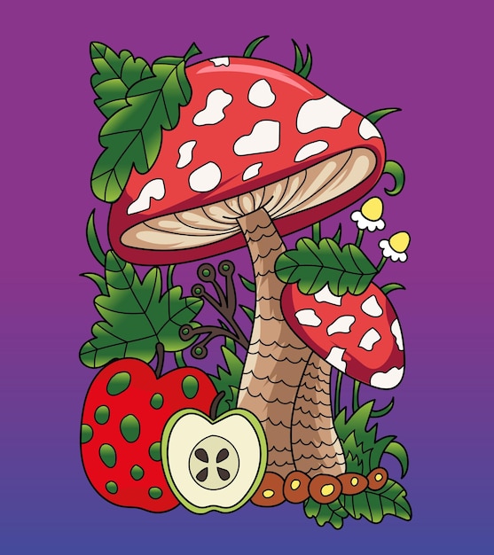 Hongo colorido con flores, frutas, ilustración de hojas