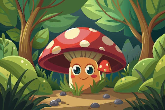 Un hongo de dibujos animados con una sonrisa en la cara está sentado en un bosque