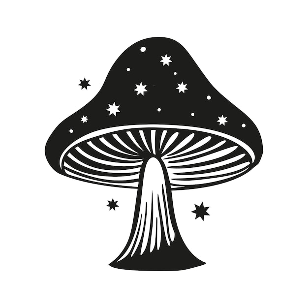 Hongo mágico con estrellas Dibujo de contorno de línea negra de silueta vectorial con hongo celestial