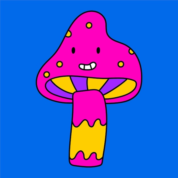 Hongo trippy psicodélico. Alucinación hongo retro de los años 70. Etiqueta engomada hippie psicodélica del garabato