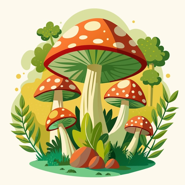 Los hongos en el bosque Ilustración vectorial en estilo plano