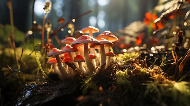 Vector los hongos en el bosque macrofotografía de primer plano