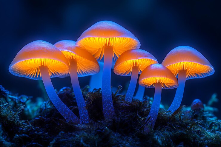 Vector los hongos brillantes iluminados en un bosque místico