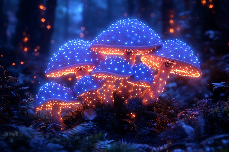 Vector los hongos brillantes iluminados en un bosque místico