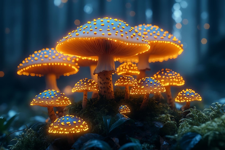 Vector los hongos brillantes iluminados en un bosque místico