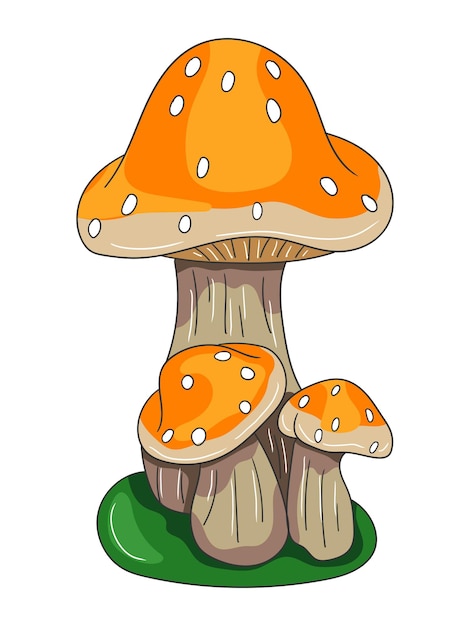 Los hongos de dibujos animados con capas naranjas y manchas blancas en una base verde