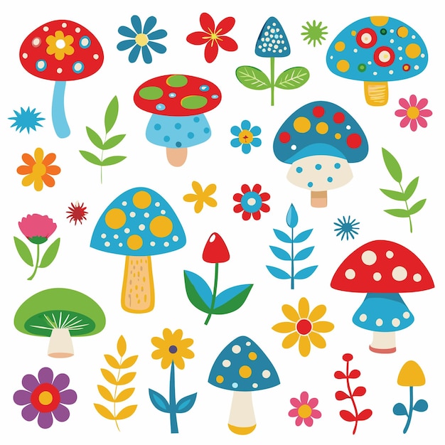 Los hongos y las flores de colores en un diseño caprichoso