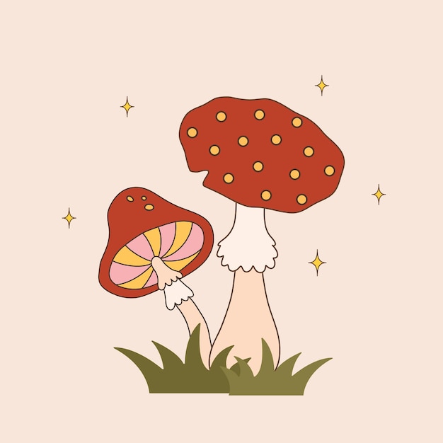 Los hongos groovy son una ilustración vectorial de hippie de agarico vintage abstracto y fungos psicodélicos y funky.