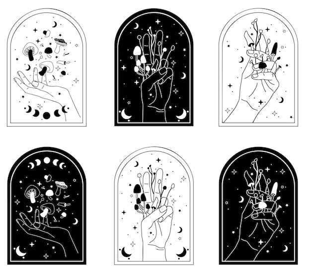 Hongos místicos Vector dibujado a mano Imágenes prediseñadas esotéricas