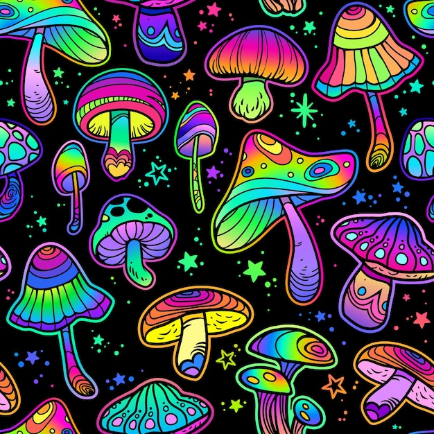 Hongos psicodélicos brillantes sobre un fondo negro