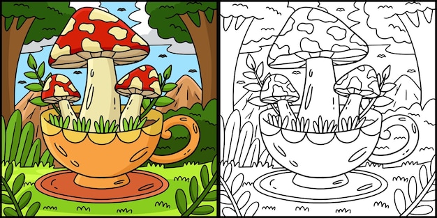 Los hongos que brotan de la ilustración de la taza de té