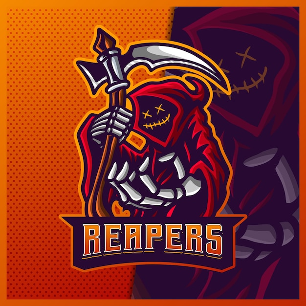 Hood reaper glow color rojo esport y diseño de logotipo de mascota deportiva