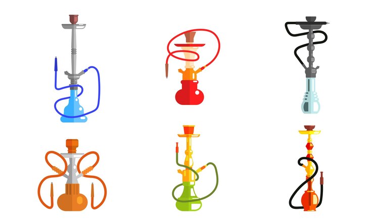 Vector hookah de diferentes colores set lounge bar o tienda de tabaco elemento de diseño equipo para vaporizar y fumar tabaco con sabor ilustración vectorial en fondo blanco