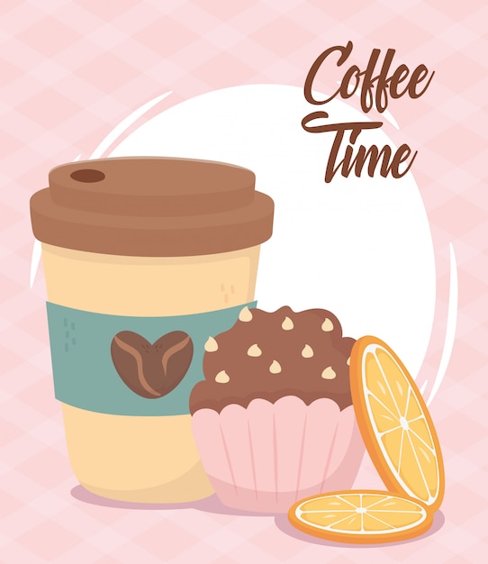Vector hora del café, cupcake para llevar y rodajas de bebida fresca de naranja