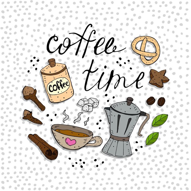 Hora de cafe. Ilustración de vector colorido de dibujos animados con una taza, especias, elementos decorativos