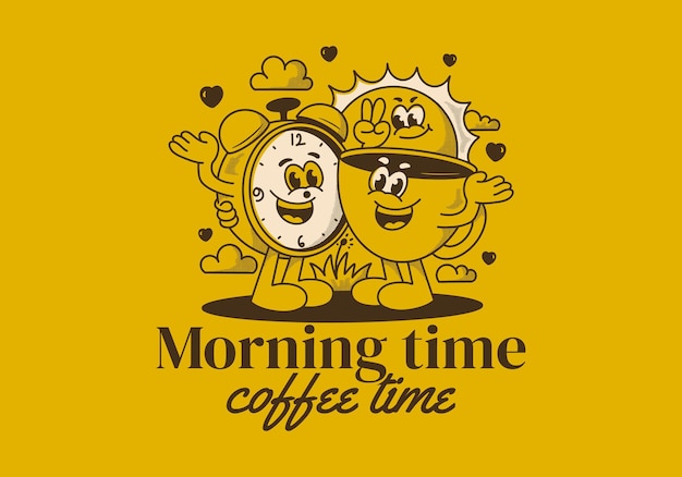 Hora del café de la mañana Ilustración del personaje de la mascota de la taza de café reloj despertador y un sol