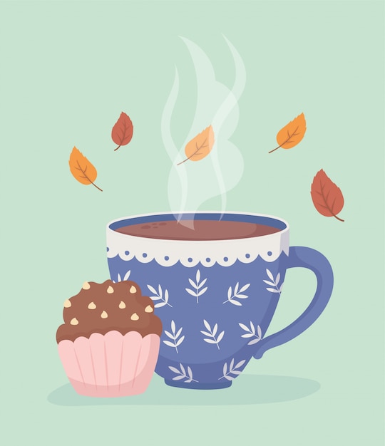 Hora del café y té, taza de café y hojas dulces de cupcake