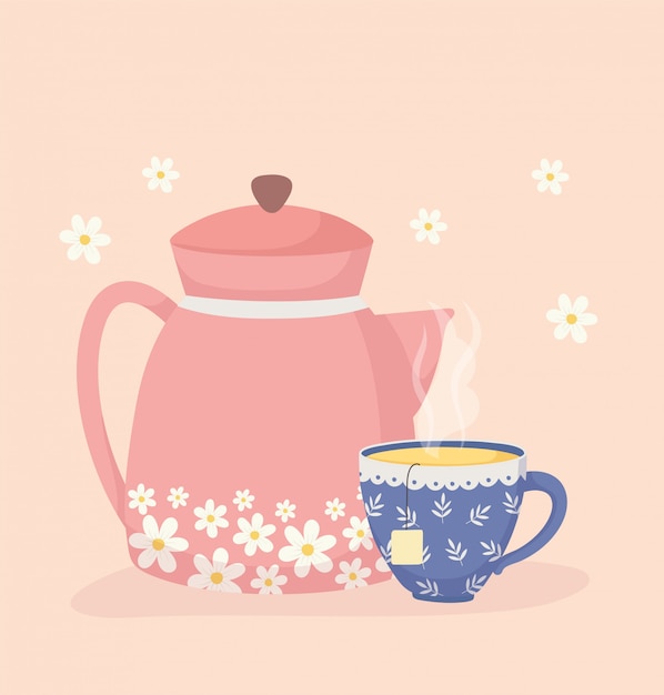 Hora del café y té, tetera y taza aroma decoración de flores frescas