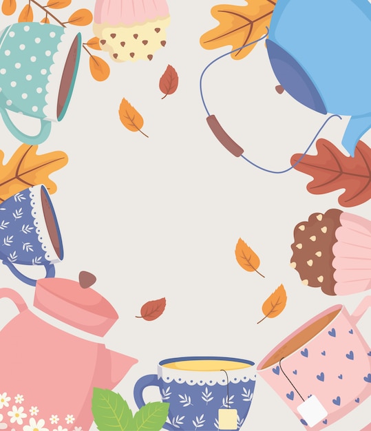 La hora del café y el té, teteras y tazas dulce cupcake y hojas decoración póster