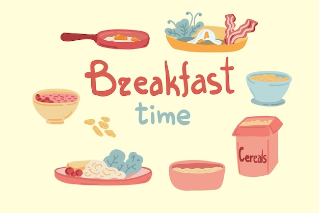 Hora del desayuno con granos de avena y huevos dibujados a mano.
