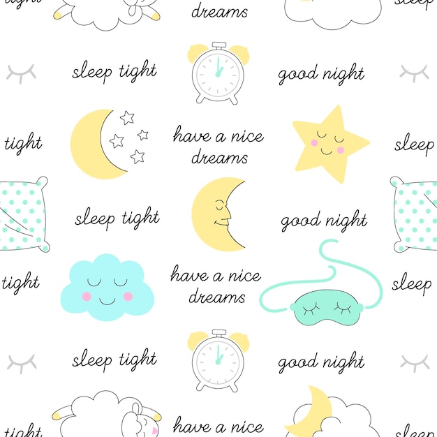 Hora de dormir, dormir bien, buenas noches, tener un patrón de vector transparente de buenos sueños. ilustración de noche.