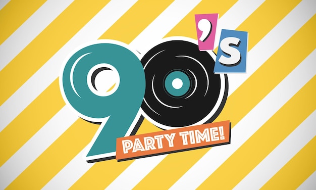 Vector hora de la fiesta el estilo retro de los 90, la portada de la pancarta de los 90 y los 80 o la tarjeta de invitación, la víspera de la fiesta de los 90