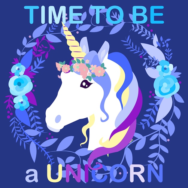 Vector hora de ser un unicornio. ilustración de cabeza de unicornio con corona