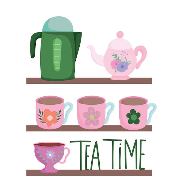 La hora del té, estantes con muchas tazas, teteras, decoración de flores, utensilios de cocina de cerámica, ilustración de dibujos animados de diseño floral