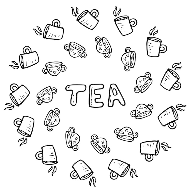 Vector hora del té de ilustración plana vectorial con tazas de té y café los objetos doodle están recortados