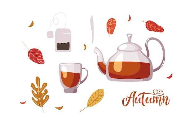 Hora del té de otoño tetera y vaso con té hojas otoñales deliciosa fiesta de té para el desayuno aislado