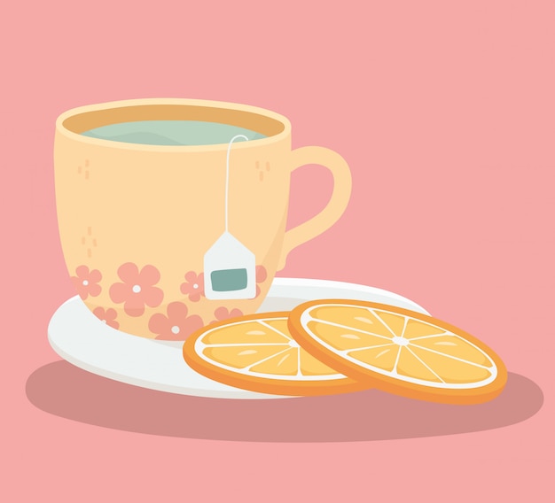 Vector hora del té, taza de té y rodajas de naranjas en un plato