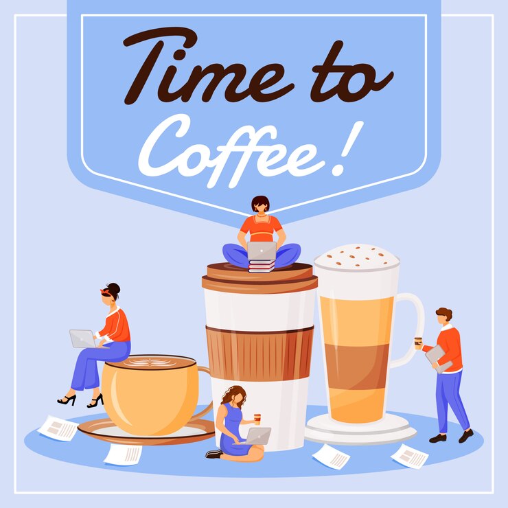 Vector hora de tomar café en las redes sociales. frase motivacional. plantilla de diseño de banner web. refuerzo de cafetería, diseño de contenido con inscripción.