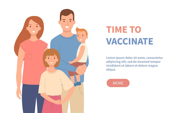 Vector hora de vacunar banner padres felices con niños está protegido contra virus y enfermedades