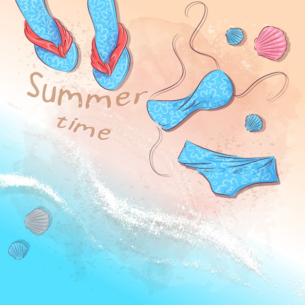 Hora de verano. accesorios de playa en la arena. ilustración vectorial