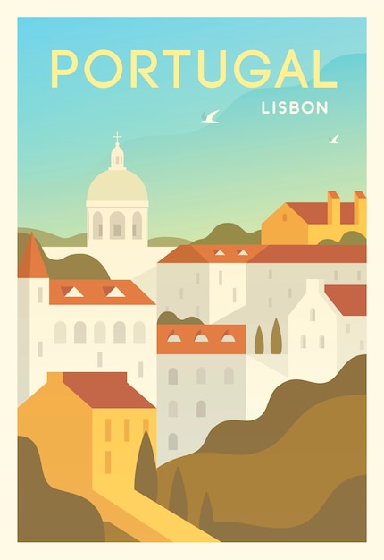 Vector hora de viajar. alrededor del mundo. cartel de calidad. lisboa.