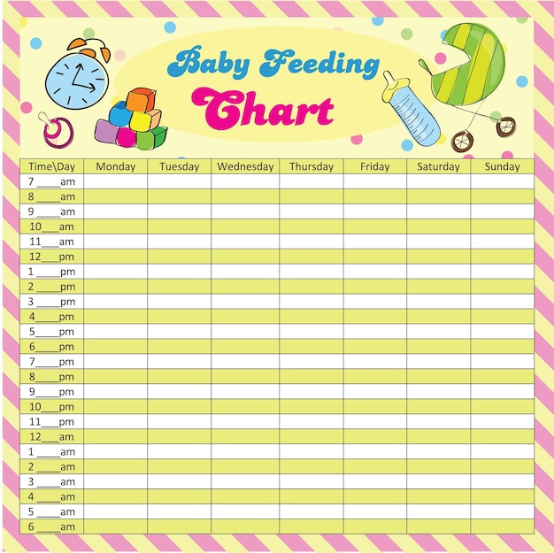 Horario de alimentación del bebé - gráfico del bebé para las mamás - ilustración vectorial colorida
